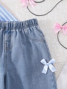 SHEIN 3pcs/Set Big Girls' Spring/Autumn Striped Long Sleeve Shirt & Loose Light Blue Denim Jeans, Sweet Casual Outfit For Daily Wear - Blue - View 3