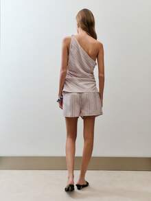 Nöista Two Pieces Set With One-Shoulder Striped Top Soft Drape Matching Shorts.For Summer Co-Ord.Perfect For Vacations Coord Matching Style Pool Party - Pink - View 2