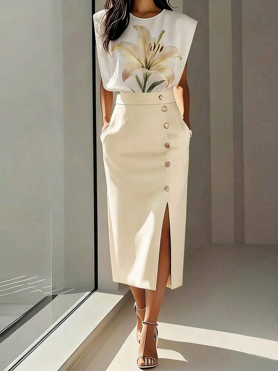 SHEIN Bộ đồ nữ cỡ tiêu chuẩn in họa tiết hoa, gồm áo thun cổ tròn không tay và chân váy xẻ tà có cúc cài eo, kiểu dáng thanh lịch thường ngày cho mùa hè. - Màu be - Xem 1
