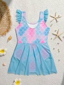 SHEIN Tween Girl Fish Scale Print Ruffle One-Piece Swimsuit, Suitable For Swimming, Summer Vacation, Beach, Pool, Party - Multicolor - View 2