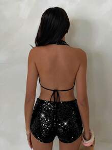 SHEIN Glamour Bộ đồ 2 mảnh gợi cảm dành cho nữ, gồm áo hai dây và quần short đính sequin trang trí hình sao biển kim loại. - màu đen - Xem 2