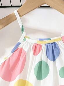 SHEIN Playful Pals 女嬰白色圓點夏季可愛度假洋裝 彩色細肩帶荷葉邊下擺 幼童休閒海灘度假簡約太陽裙 - 彩色 - 查看 5