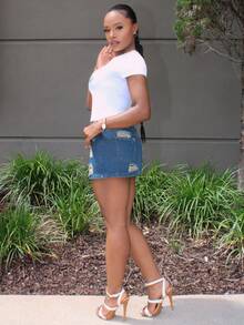 Steph T Váy mini denim dáng ôm vừa vặn gợi cảm dành cho nữ, mùa hè - Màu xanh lam - Xem 3