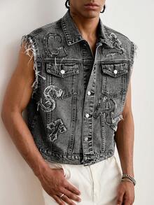 GALLERY FADE Chaleco vaquero casual de moda callejera para hombres con bordado, gris oscuro - Gris Oscuro - Ver 3