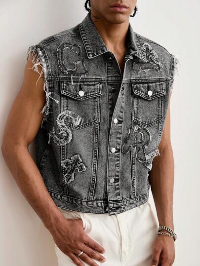 GALLERY FADE Áo gile denim thêu họa tiết phong cách đường phố thường ngày dành cho nam, màu xám đậm.