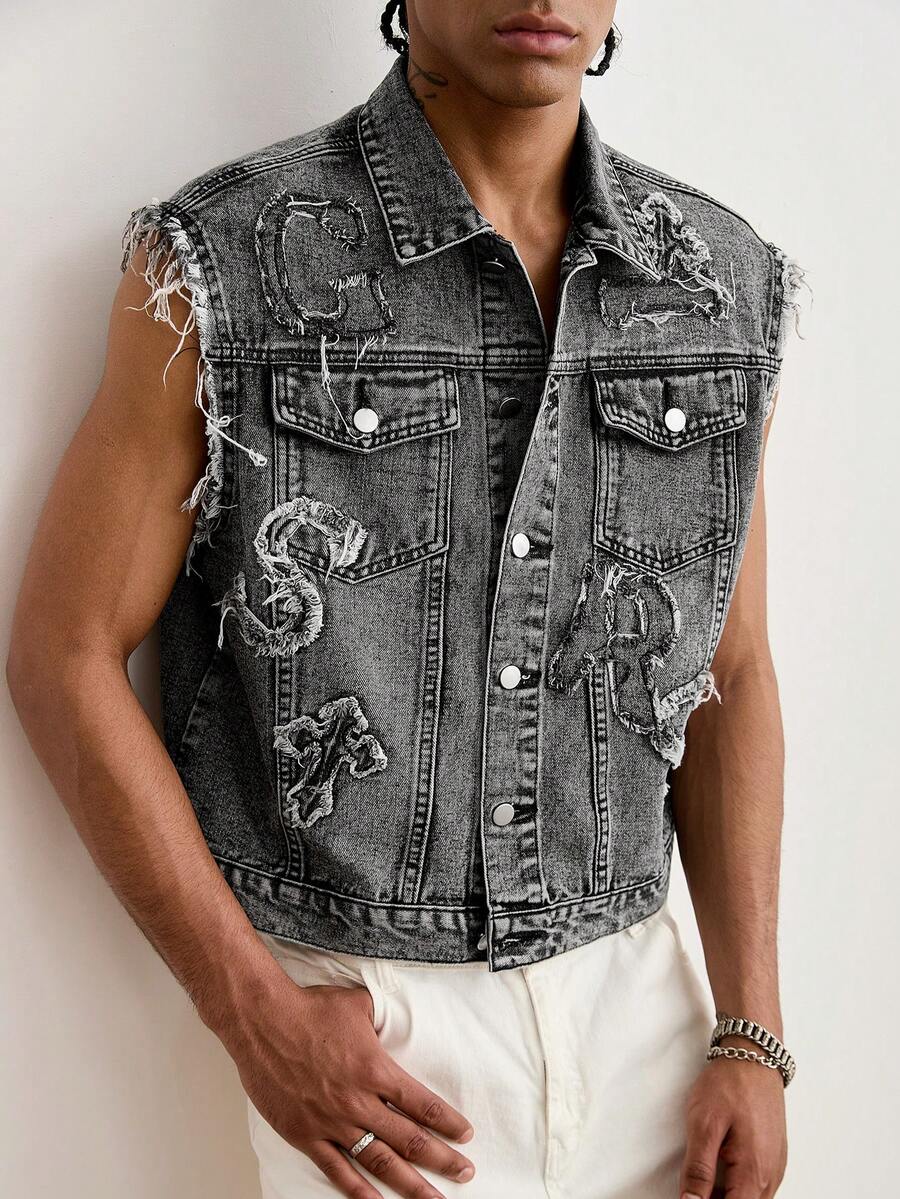 GALLERY FADE Men's Street Fashion Casual Embroidered Denim Vest, Dark Grey - Dark Grey - View 1