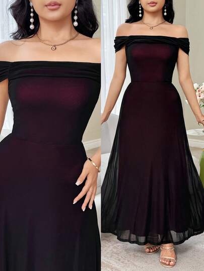 Feyla Đầm dài trễ vai phối màu thanh lịch dành cho nữ