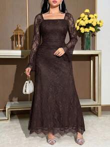 Feyla Gaun Pesta Elegan Wanita Berwarna Polos dengan Hiasan Renda - Coffee Brown - View 5