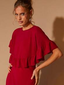 COSMINA Women's Elegant Ruffle Trim Round Neck Long Dress, Suitable For Dates, Parties, All Seasons, Red Ruffle Dress, Red Midi Dress, Burgundy Dress, Women Red Dress - Fiery Red - View 5