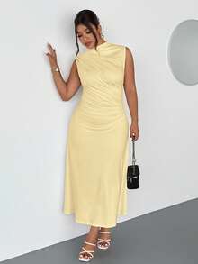 Firerie Vestido de graduación elegante de verano talla grande color amarillo mantequilla con cuello alto, sin mangas, fruncido y bajo acampanado, vestido de trabajo elástico fruncido tipo shift - Amarillo - Ver 4