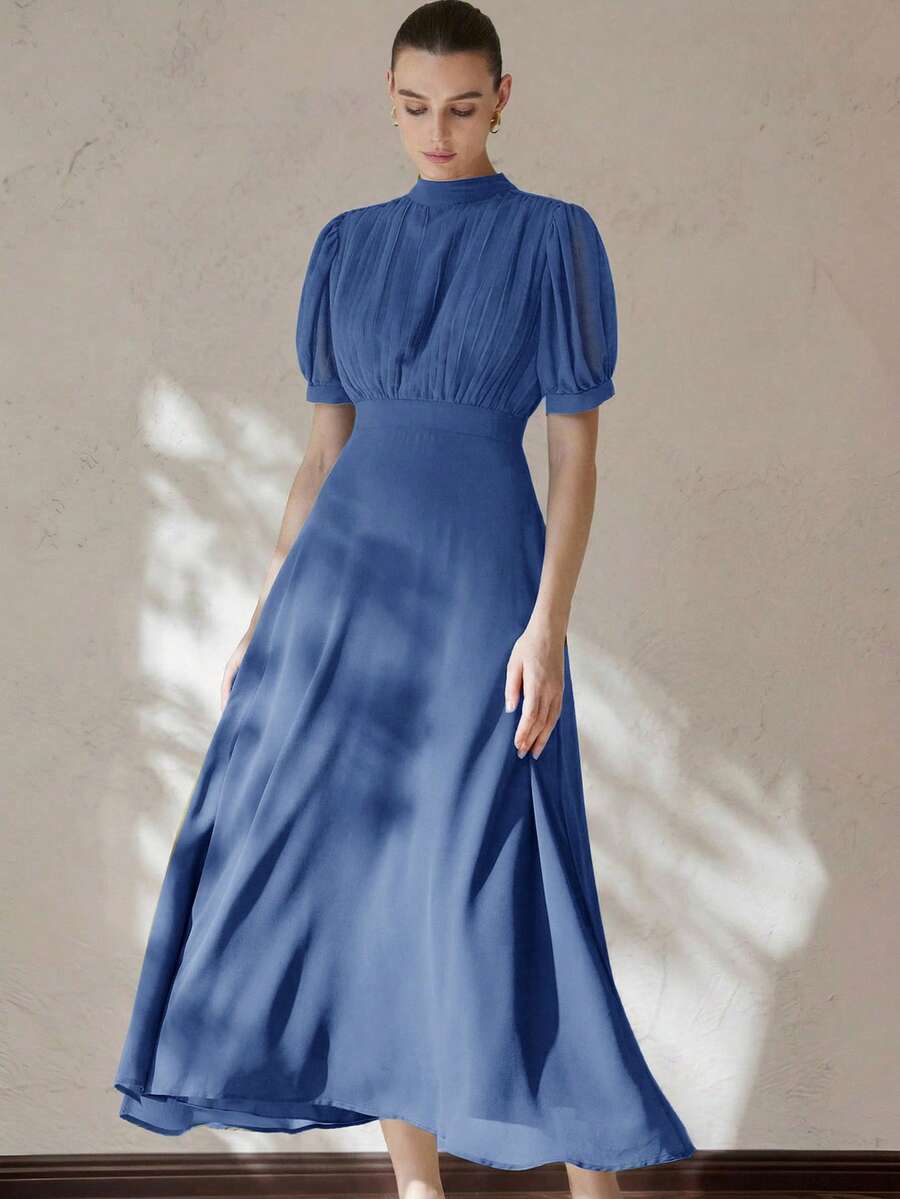 Aveloria Zanirela Đầm chiffon thanh lịch dành cho nữ với thiết kế xếp ly ở phần ngực, tay áo kiểu công chúa, thắt eo, chân váy xòe, kiểu dáng tối giản, đa năng, thích hợp cho công sở và đi làm. - cái hồ màu xanh - Xem 1