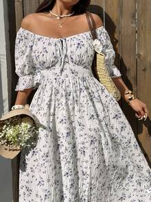 Sunnyshic Plus Size Textured Ditsy Floral Waist Cinching Dress, Suitable For Spring/Summer Vacation - Purple - View 6