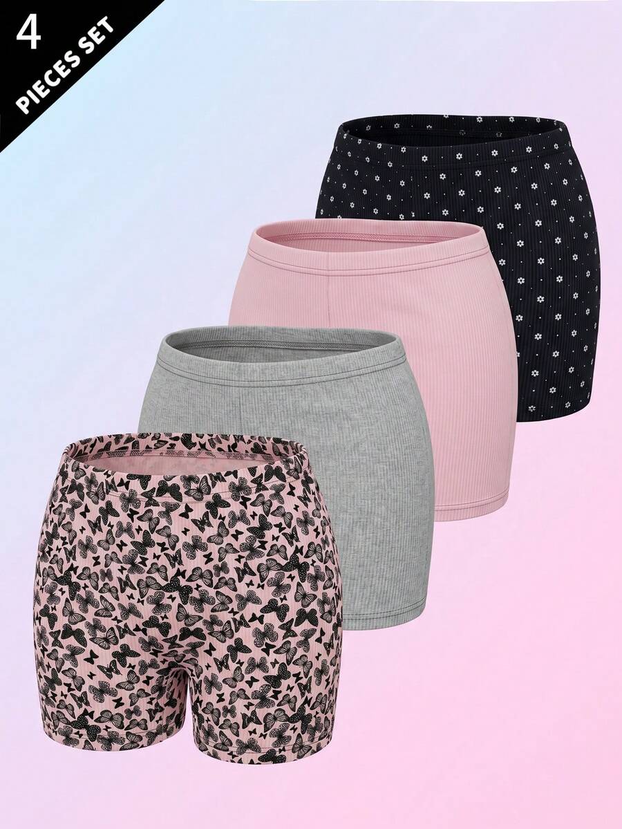 4pcs/Pack Girls Casual Butterfly & Polka Dot Print Leggings - Multicolor - View 1