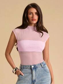 SHEIN BAE Áo liền thân không tay màu đen gợi cảm, chất liệu lưới xuyên thấu, phối họa tiết bất đối xứng. - Màu Hồng baby - Xem 7