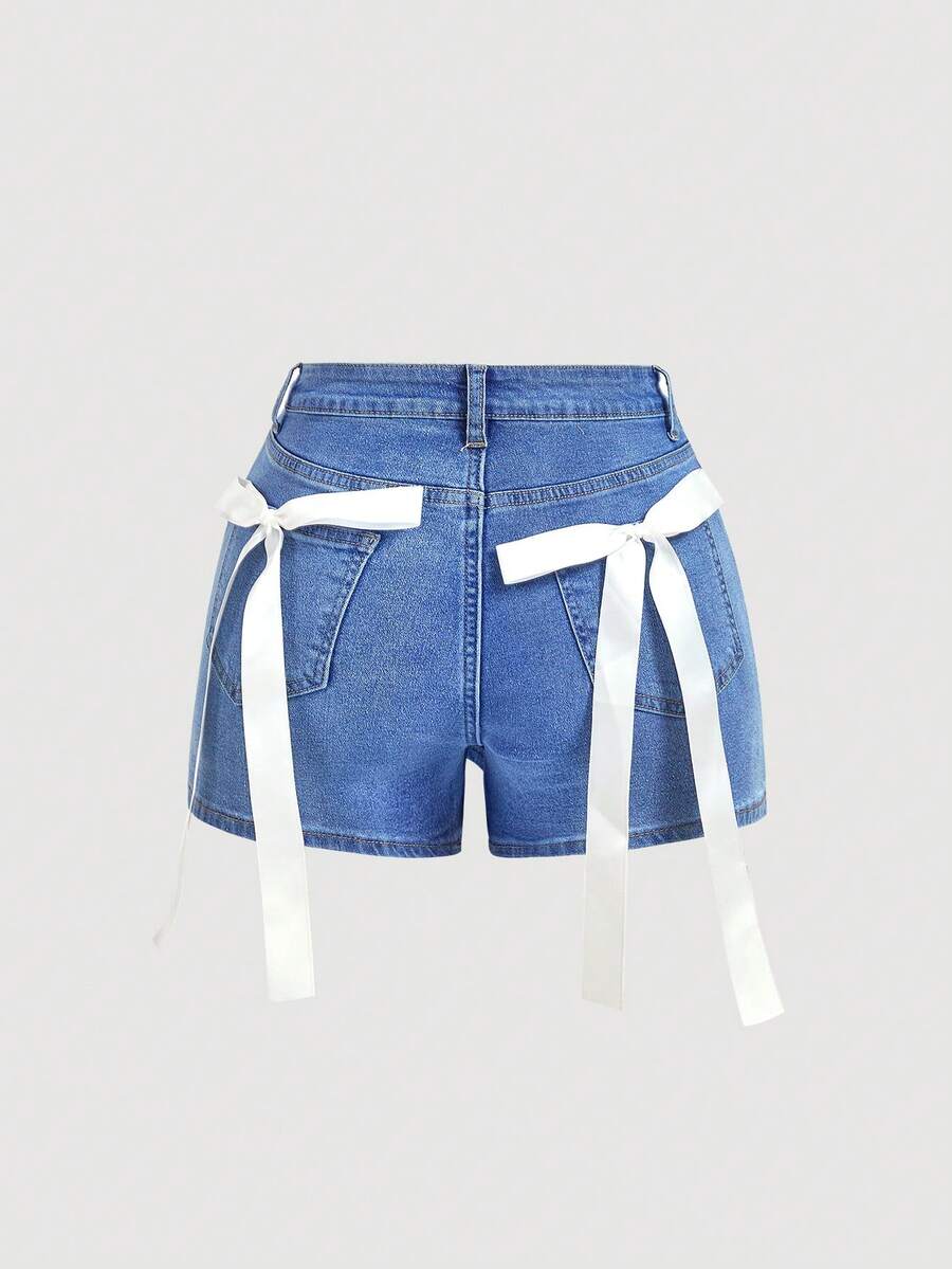 Sweetra Pantalón falda vaquera azul claro casual y versátil con lazo blanco para mujer - Lavado ligero - Ver 1