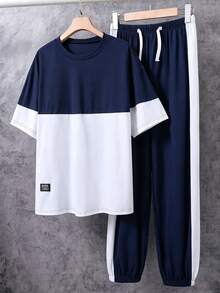 Vacaura 2pcs/Set Teens Boys' Casual Contrast Color Patchwork Letter Print T-Shirt And Sports Pants Set - Navy Blue - View 3