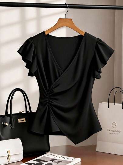 GlowEve CURVE New Plus Size Women's Elegant Solid Color Blouse, Ruffle Sleeves, Cross V-Neck, Slimming, Suitable For Spring And Autumn, Office Commute Wear, Minimalist And Graceful