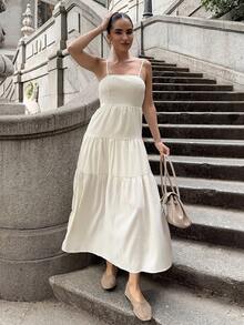 浅杏色纹理面料褶皱抹胸宽腰细肩带连衣裙，轻松度假风格 - 杏色 - 查看 6