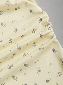 Sweetra Spring/Summer New Vintage Floral Square Neck Ruffle Waist A-Line French Elegant Short Dress, Pale Yellow - Yellow - View 8