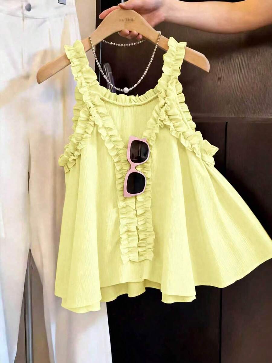 SHEIN Franclia Women's Ruffled V-Neck Camisole Top, Textured Fabric, Loose Fit, Slimming, Suitable For Daily Wear, Vacation And Travel, Spring/Summer - Light Yellow - View 1