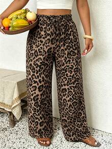 SHEIN Frenchy Quần dài nữ cỡ lớn, kiểu dáng thường ngày, họa tiết da báo màu nâu, phong cách thoải mái cho kỳ nghỉ, quần mùa hè. - màu nâu - Xem 6