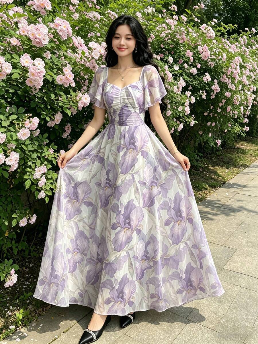 Modelyn 女款優雅紫色碎花長洋裝，夏季花園派對時尚方領荷葉袖收腰長裙，適合度假穿著 - 彩色 - 查看 1