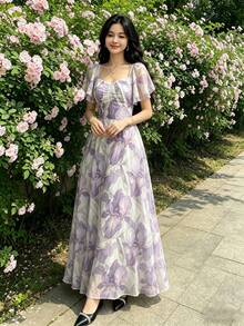 Vestido cuadrado con cuello fruncido, mangas abullonadas y estampado floral de flores pequeñas en azul cobalto. Vestido floral elegante y ceñido a la cintura para el verano y uso diario. - Multicolor 13 - Ver 4
