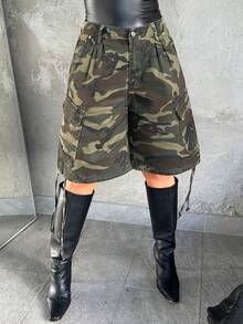 女士迷彩印花休闲宽松口袋牛仔工装短裤 - 軍綠色 - 查看 3