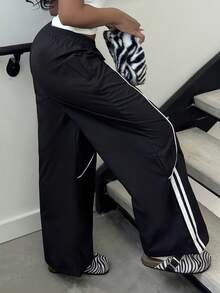 Alexandranx 女童返校运动休闲梭织带黑色阔腿运动慢跑裤 - 黑色 - 查看 4