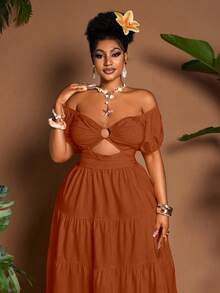 Maweii Vestido casual de talla grande de unicolor con hombros descubiertos - Naranja - Ver 4