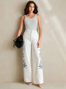 Anewsta Women's Spring Elegant Party & Vacation Straight Fit Floral Embroidered Denim Jeans - White - View 6
