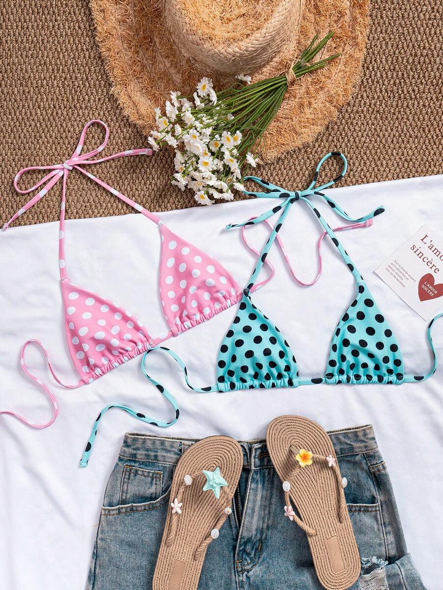 SHEIN Swim Vcay Bộ 2 áo tắm bikini buộc dây cổ họa tiết chấm bi gợi cảm dành cho nữ, thích hợp cho mùa xuân/hè. - Nhiều màu - Xem 1