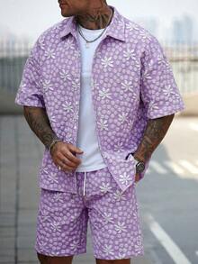 Manfinity Roughcore Conjunto de camisa y pantalones cortos de hombre con textura tejida de jacquard - Morado - Ver 4