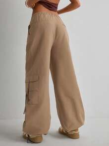 Women Casual Solid Color Parachute Fabric Pants - Mocha Brown - View 5