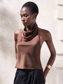 Aveloria Modichic Women's Coffee Brown Elegant Sexy Satin Halter Top, Sleeveless Cowl Neck Slim Fit Blouse For Summer, Party Night Date Night, Business Casual Old Money - Brown - View 7