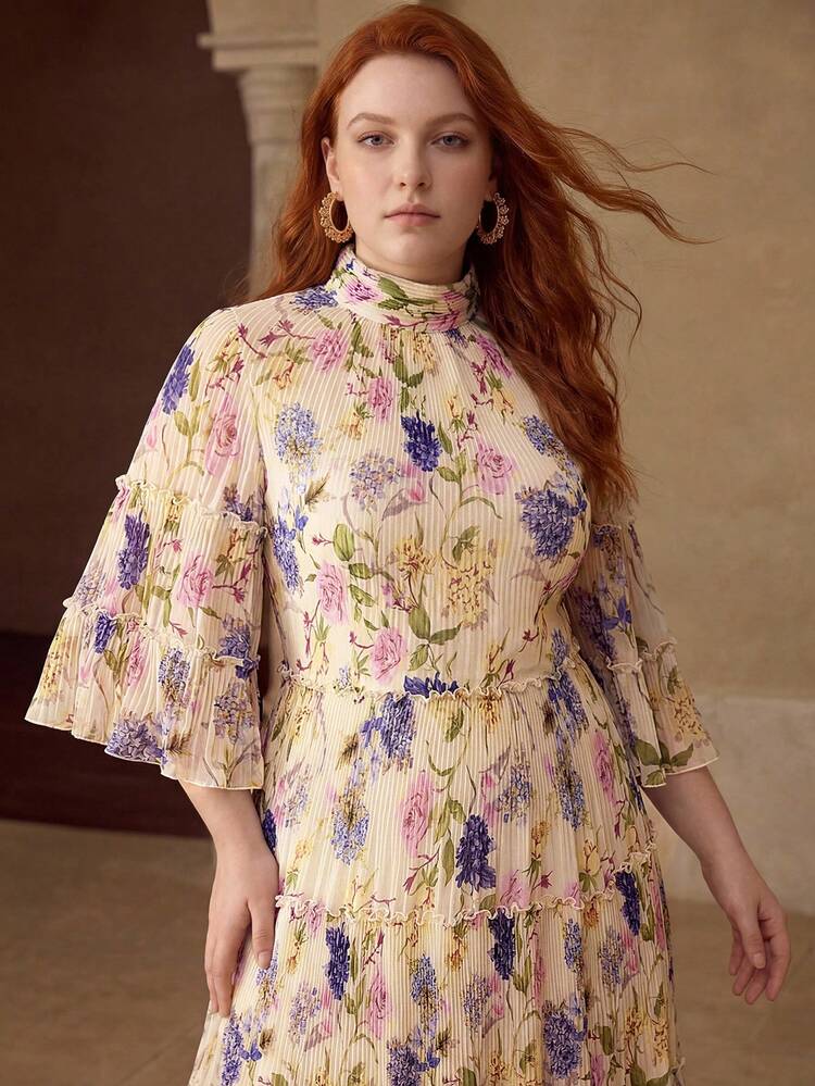 PLUS SIZE WOMEN'S ALLOVER FLORAL PRINTED PLEATED MID-SLEEVE MAXI DRESS, SPRING/SUMMER