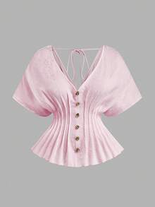 Franclia Plus Size Elegant French Style Minimalist Fashion V-Neck Fitted Blouse - Baby Pink - View 3