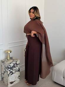 Maria Perezxox 2025秋冬新款通勤优雅休闲度假棕色圆领不对称披肩开衫+高腰阔腿长裤女两件套，旅行，通勤，聚会，度假，老款风格，逛街，宴会，优雅，派对，约会，休闲 - 棕色 - 查看 4