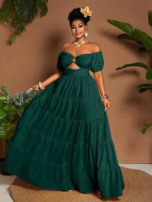 Maweii Vestido casual de talla grande de unicolor con hombros descubiertos - Verde Oscuro - Ver 6