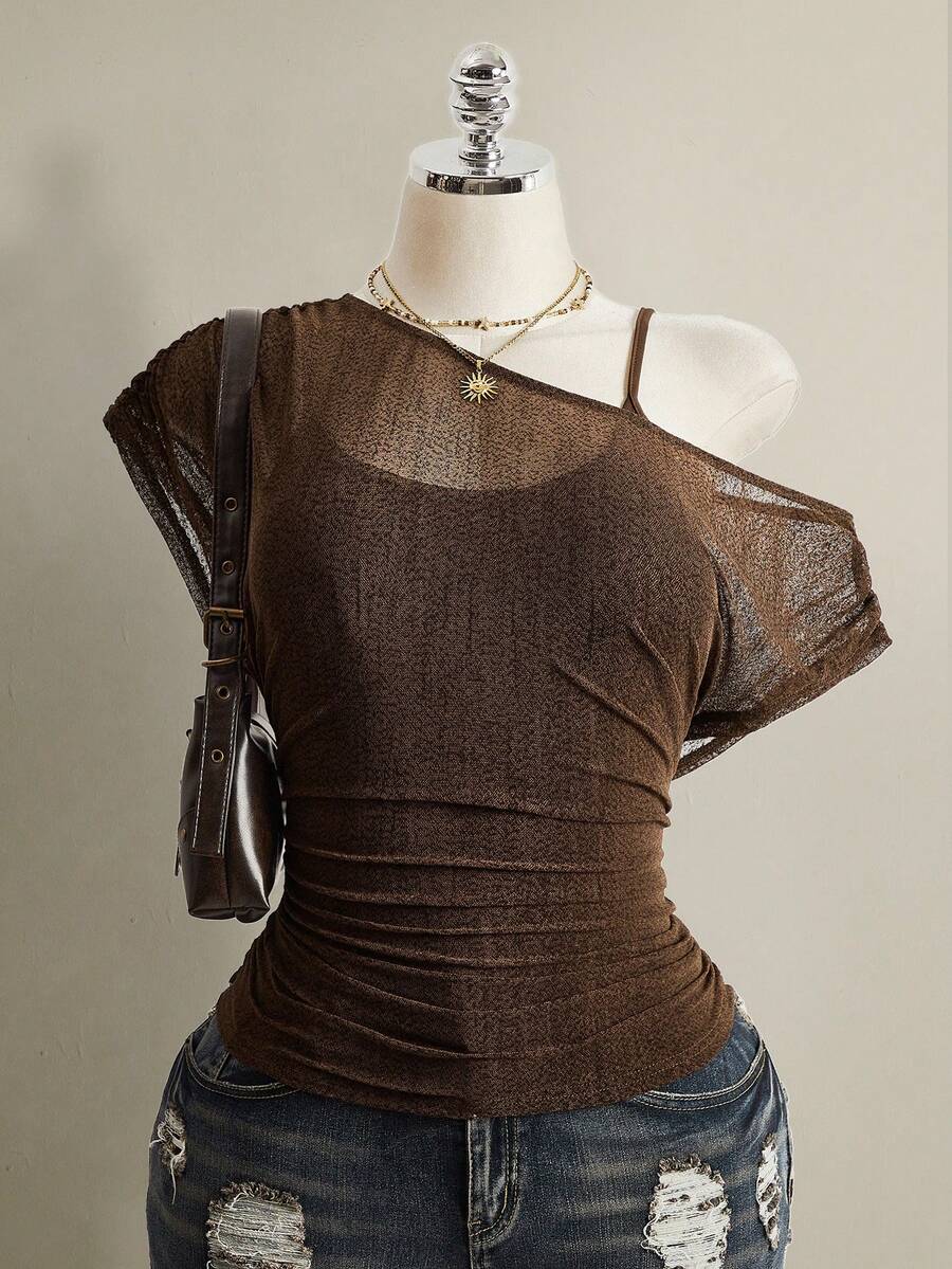 SHEIN ICON 大码女式纯色褶皱不对称肩部休闲百搭日常T恤 - 灰色 - 查看 1