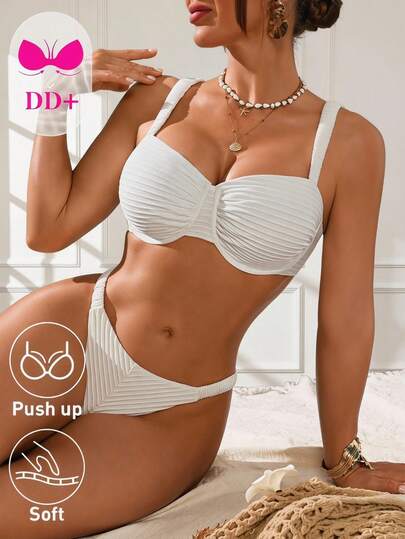 Swim DD+ Women's Solid Color Swimwear Set For Vacation & Beach,2026 Spring/Summer New Women's Swimwear Beach Vacation Collection: Elegant, Romantic, Sexy, And Sweet; Simple, Casual, And Versatile; Featuring A Bow-Tie Bikini, Removable Cup Pads, And Vibrant Holiday-Themed Colorful Prints. Perfect For Summer Outings, Beach Vacations, Island Getaways, Sunbathing, Road Trips, Cruise Ship Banquets, Afternoon Tea, Candlelight Dinners, Romantic Dates, Private Parties, Everyday Wear, Casual Style, And Even Music Festivals. A Must-Have Swimwear For A Cool Summer Beach Trip! Bikini Sets Push Up Push Up Swimwear Bikinis Set For Women Push Up Swimwears For Woman Push Up Bathing Suits For Women Push,Swimwear Designed Specifically For Women With Large Busts, Featuring A Push-Up Bust Support Structure And Widened Shoulder Straps To Relieve Pressure.