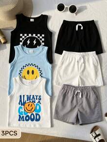 SHEIN Playful Pals 3件套婴儿笑脸字母印花休闲背心，包括男婴背心、夏季背心、T恤、笑脸背心、幼儿背心、男婴三件套上衣 - 彩色 - 查看 1