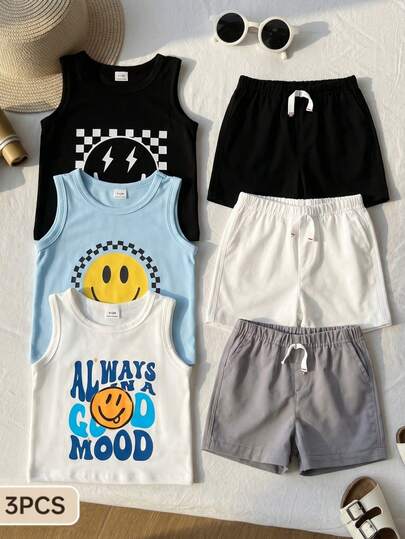 SHEIN Playful Pals 3件套婴儿笑脸字母印花休闲背心，包括男婴背心、夏季背心、T恤、笑脸背心、幼儿背心、男婴三件套上衣