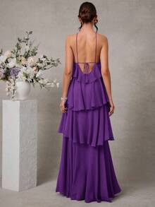 L'Amorae Elegant Romantic Wedding Guest Solid Halter Tiered Chiffon Maxi Dress - Purple - View 2