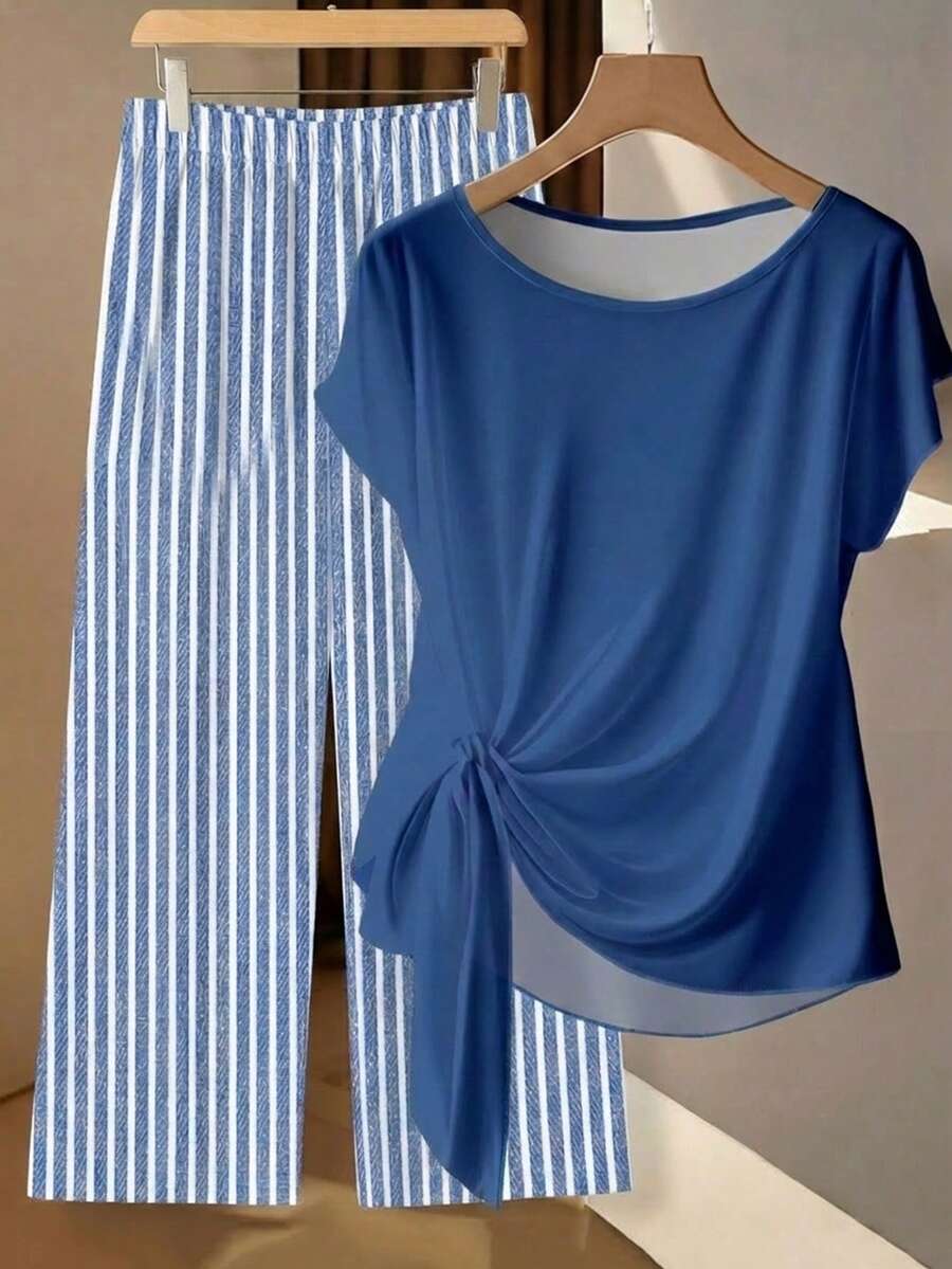 SHEIN Clasi Bộ đồ 2 món gồm áo sơ mi thắt nơ màu xanh dương kiểu dáng tối giản và quần ống đứng kẻ sọc xanh dương, thích hợp cho mùa xuân và mùa hè. - Nhiều màu - Xem 1