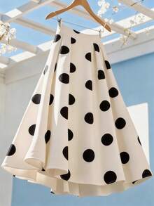 Franclia Retro Large Polka Dot Umbrella Skirt / Printed Draping Mid-Length Skirt / French Elegant / Commute & Date Skirt - Apricot - View 1