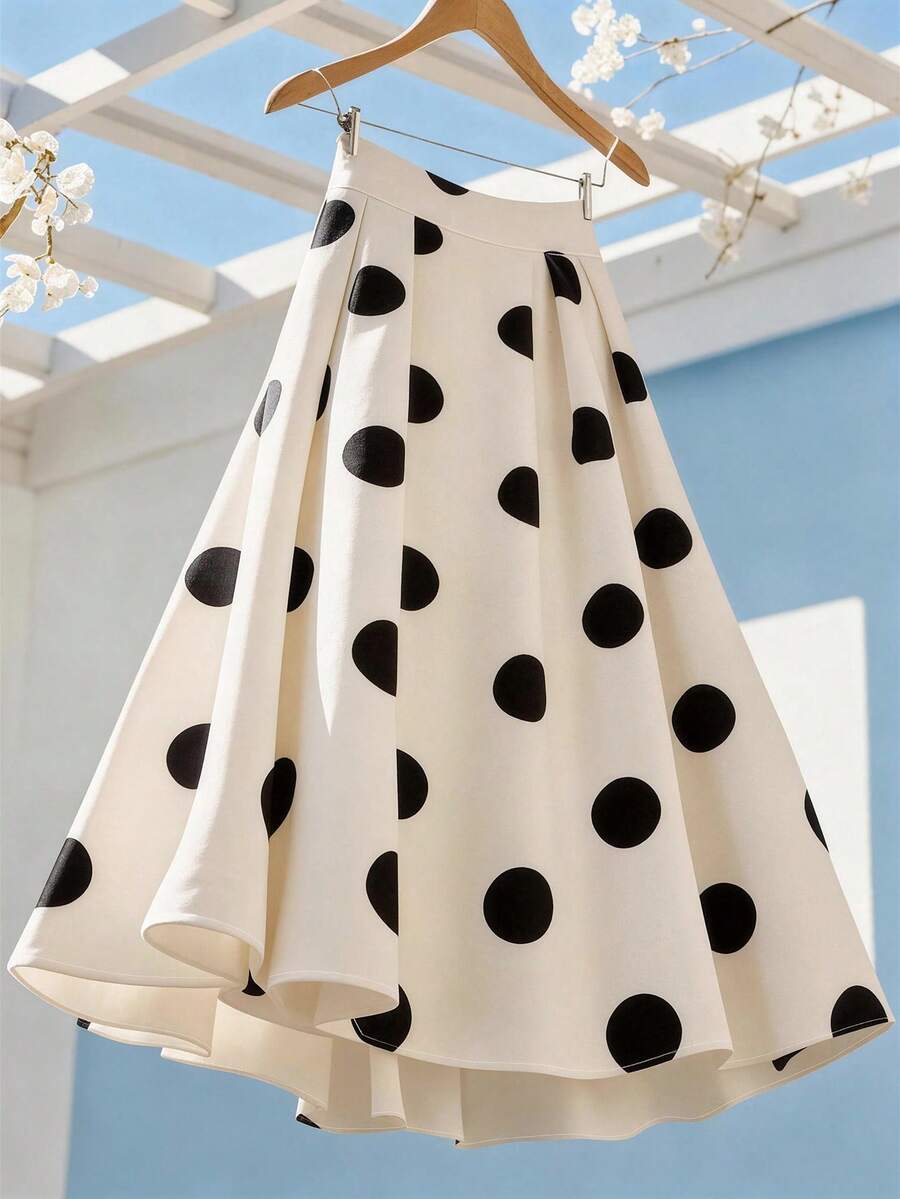 Franclia Retro Large Polka Dot Umbrella Skirt / Printed Draping Mid-Length Skirt / French Elegant / Commute & Date Skirt - Apricot - View 1