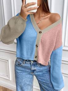SHEIN 撞色宽松时尚百搭纽扣针织开衫毛衣 - 卡其色 - 查看 5