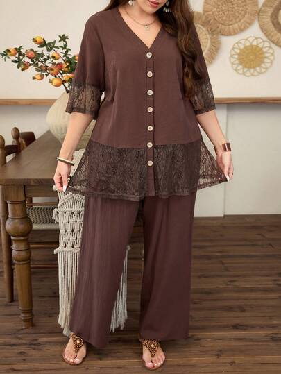 Lacomfia Plus Size Women's 3/4 Sleeve V-Neck Lace Hollow Out Hem Casual Long Shirt With Wooden Buttons, Vacation Comfortable 2-Piece Set