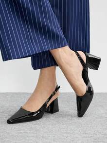 CUCCOO BIZCHIC 女士时尚高跟粗跟黑色镜面后跟带内衬太空鞋简约通勤优雅基本款户外节日度假办公女鞋 - 黑色 - 查看 4